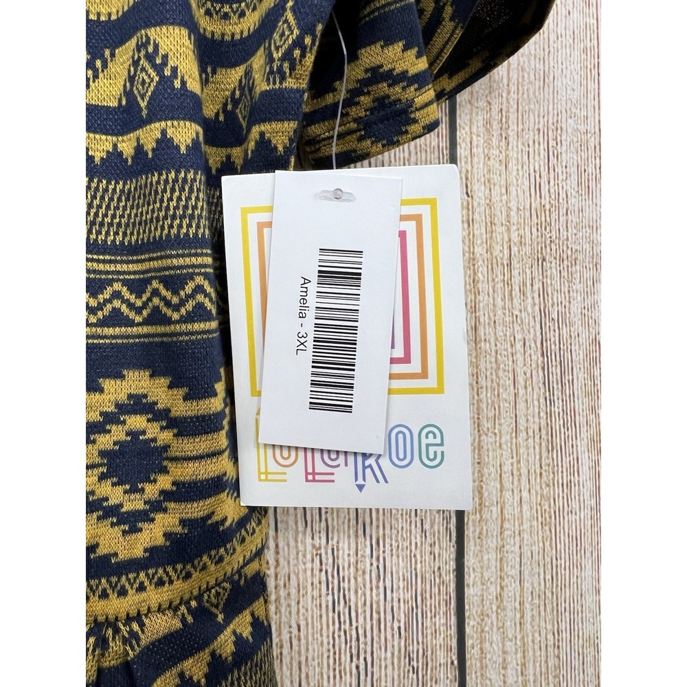 NWT LuLaRoe Amelia Dress 3XL Blue Gold Aztec Geometric Fit Flare Pleated Office - Picture 4 of 8